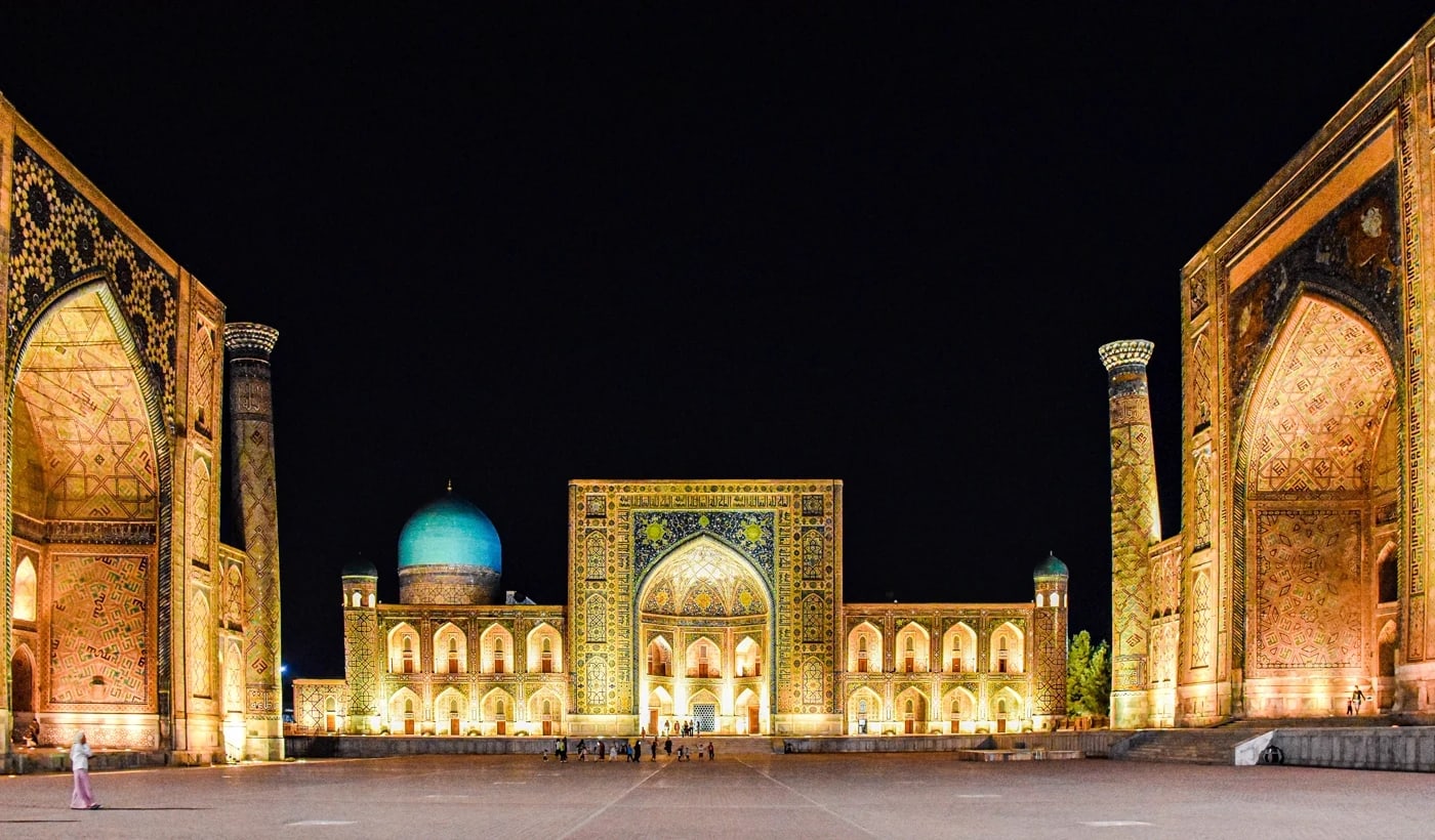 The Registan ensemble in Samarkand illuminated at night